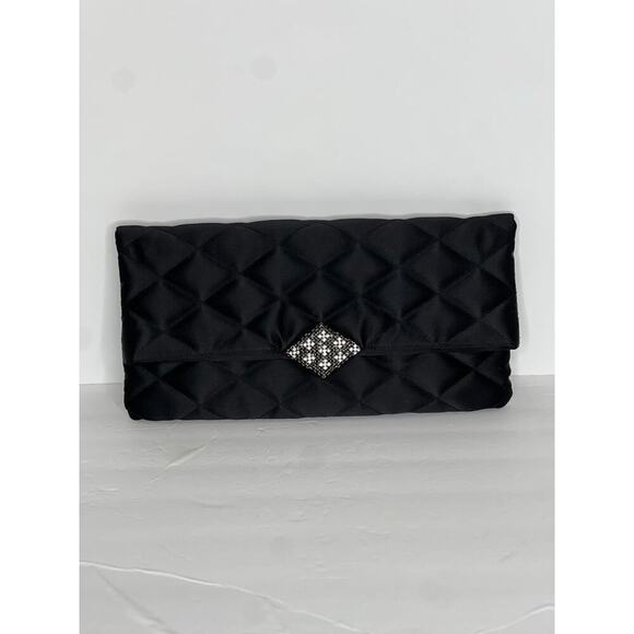 KATE LANDRY Black Clutch Quilted Vtg Purse Evening Folder Bag With Rhinestone - Picture 15 of 16